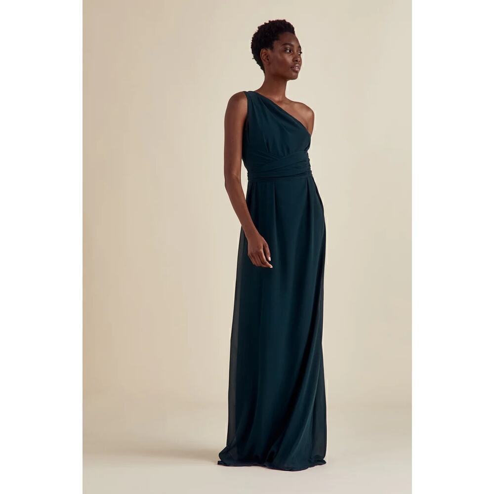 Amsale Athena Dress Bridesmaid One Shoulder Belted Maxi Gown Navy Blue Size 0